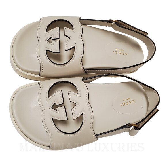 GUCCI SHOES INTERLOCKING G LOGO WHITE LEATHER SLINGBACK SANDALS sz 37.5 7.5 - Picture 5 of 16